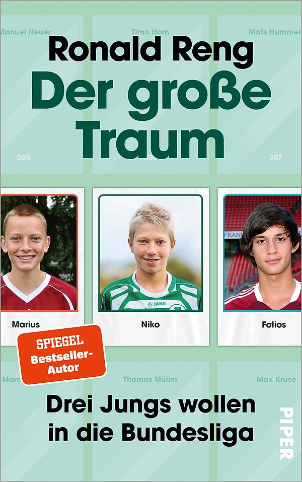 Das Bild zeigt das Buchcover von "Der große Traum". Man sieht die Bilder von drei Jugendspielern.