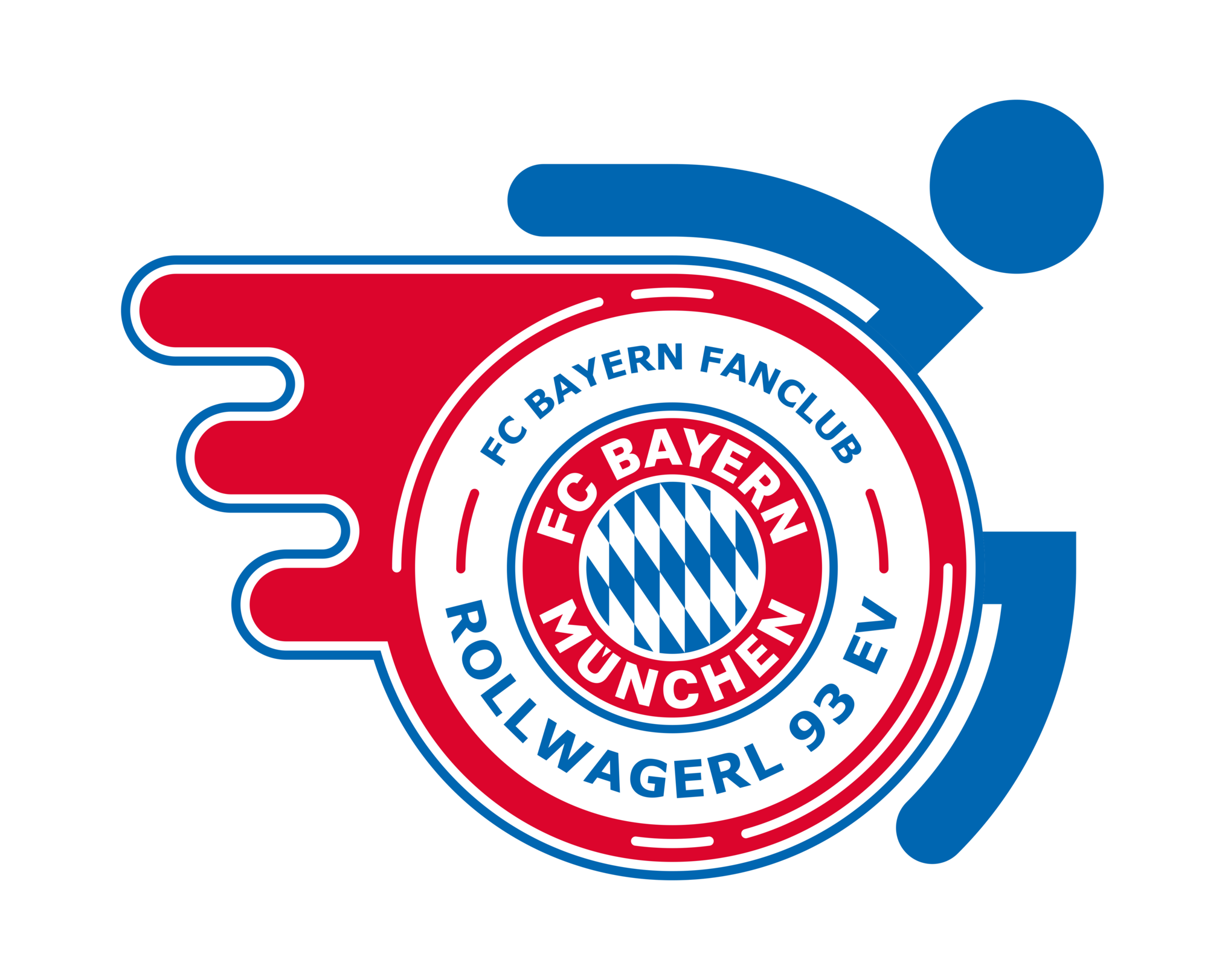Das Logo des Vereins Rollwagerl 93 e.V. ist grafisch gelöst: ein Person fährt im Rollstuhl. Das Rad des Rollstuhl integriert das FC Bayern München Wappen und den Vereinsnamen Rollwagerl 93 e.V. Die Farben sind die Vereinsfarben des FC Bayern-München