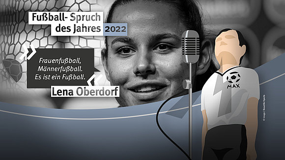 Oben im Bild steht: Fußballspruch des Jahres 2022, darunter „Frauenfußball, Männerfußball. Es ist ein Fußball.“ und Lena Oberdorf. Rechts davon ist ein stilisierter Fußballer mit weißen Trikot der in ein großes Mikrofon spricht. Im Hintergrund ist schwarz-weiß das Gesicht von Lena Oberdorf zu sehen. Sie lächelt freundlich in die Kamera.