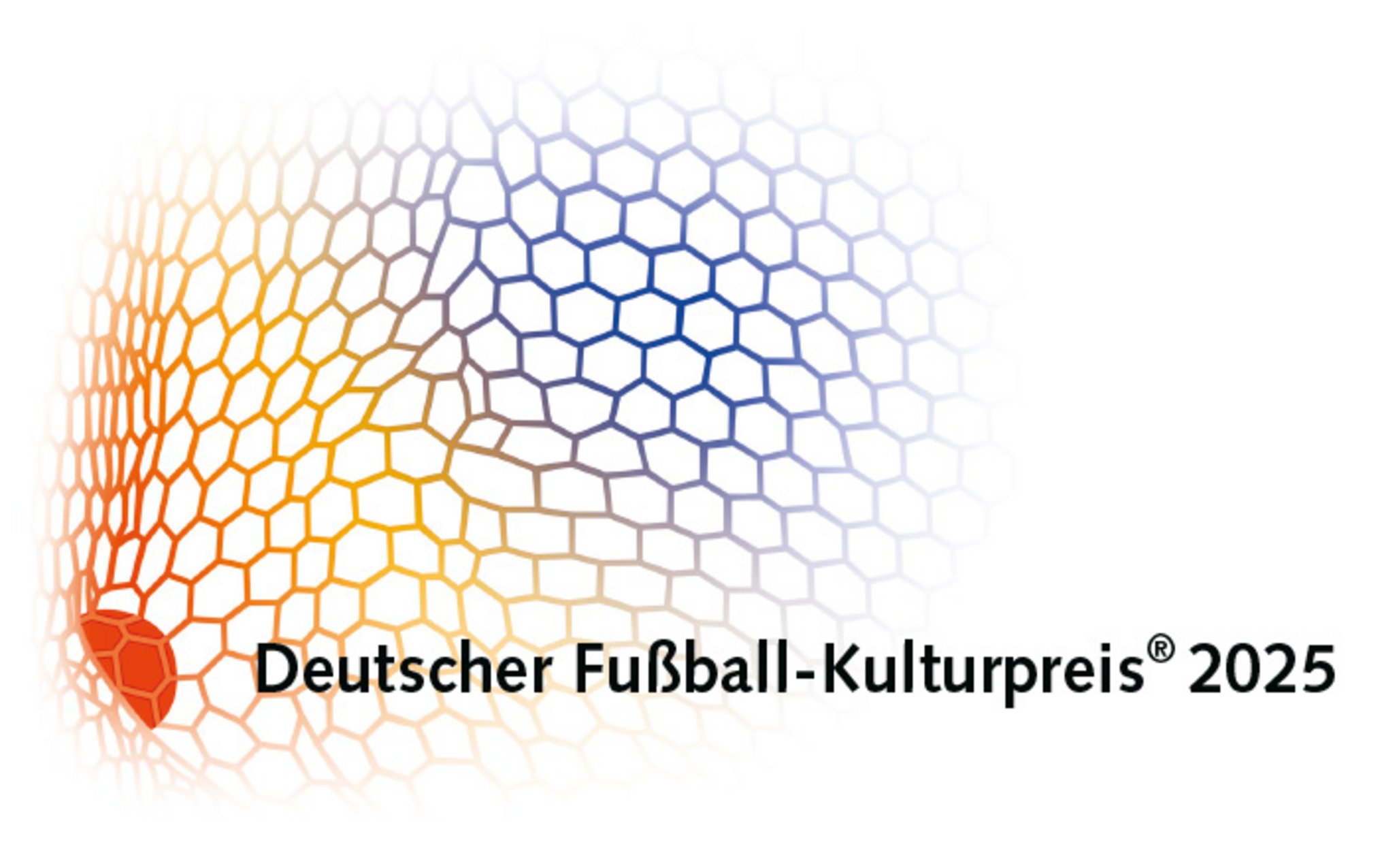 Vor einem stilisierten Tornetz steht der Text “Deutscher Fußball-Kulturpreis 2025". Rechts neben dem Wort "Kulturpreis" steht ein hochgestelltes R im Kreis.