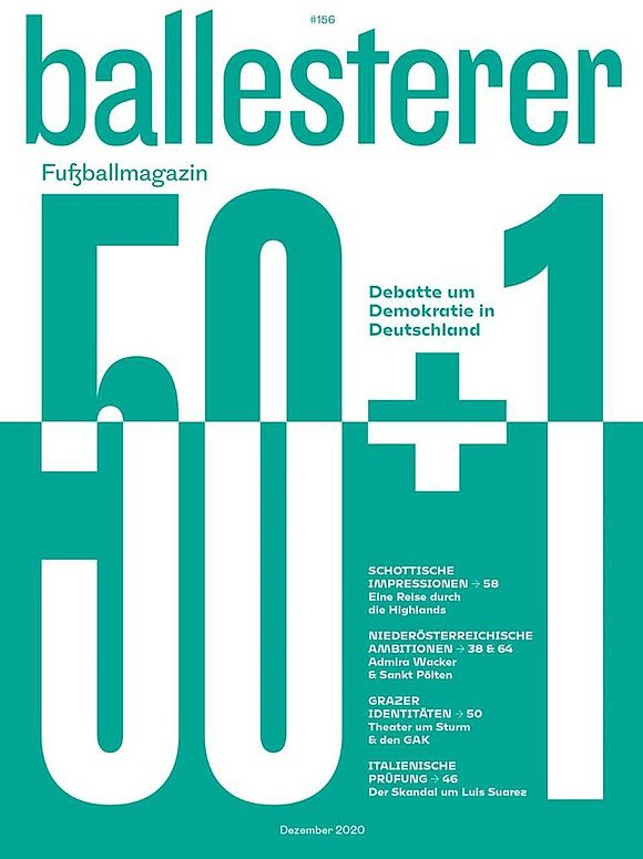 Cover der 156. Ausgabe des Fußballmagazins Ballesterer. Das Heftthema ist 50+1.