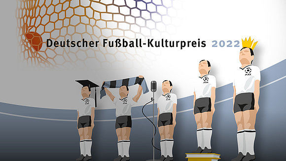 Unter dem Titel Deutscher Fußball-Kulturpreis stehen fünf stilisierte Fußballer mit weißem Trikot und schwarzer Hose. Einer trägt einen Doktorhut, einer reckt einen Fanschal in die Luft, vor dem dritten steht ein Mikrofon, der vierte steht auf einem Stapel Bücher und der ganz rechts trägt eine Krone.