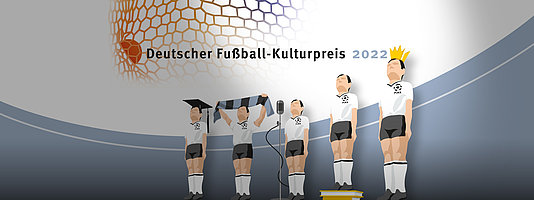 Unter dem Titel Deutscher Fußball-Kulturpreis stehen fünf stilisierte Fußballer mit weißem Trikot und schwarzer Hose. Einer trägt einen Doktorhut, einer reckt einen Fanschal in die Luft, vor dem dritten steht ein Mikrofon, der vierte steht auf einem Stapel Bücher und der ganz rechts trägt eine Krone.