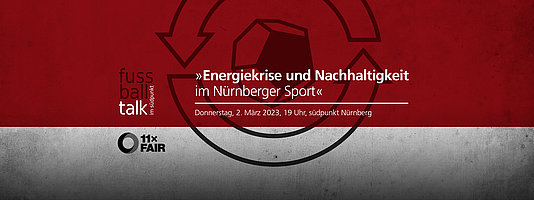 "Energiekrise und Nachhaltigkeit im Nürnberger Sport", Donnerstag, 2. März, 19 Uhr, südpunkt Nürnberg steht in großer weißer Schrift in der Mitte der Grafik. Der Hintergrund ist oben rot und unten weiß, dazu ist ein stilisierter Ball in einem Kreis aus zwei Pfeilen zu sehen.