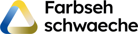 Das Logo zeigt auf der linken Seite ein ein geschwungenes Dreieck, in dem die Farben der Seiten von gelb über beige in blau übergehen. Rechts steht in schwarzer Schrift Farbsehschwaeche.