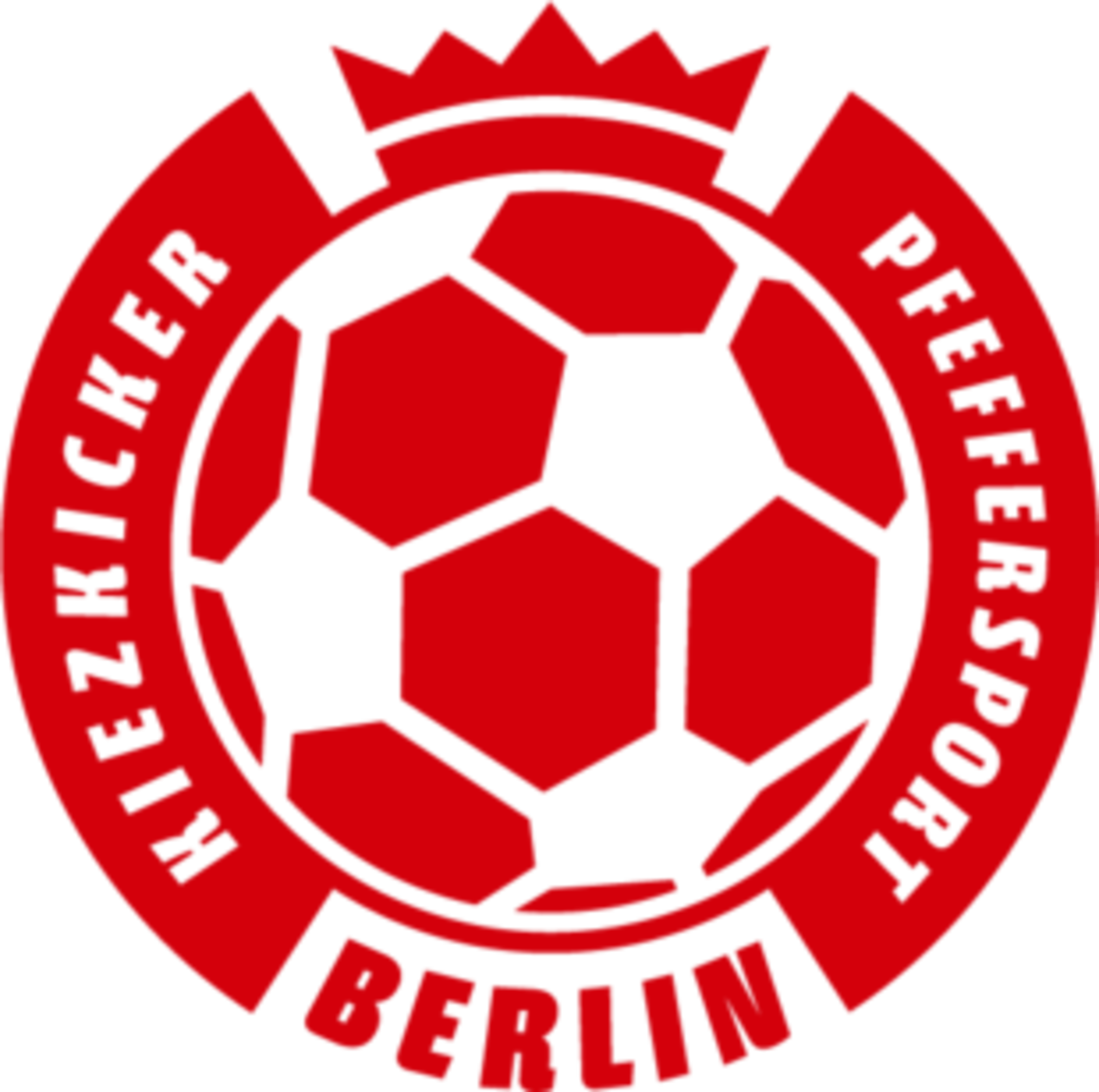 Das Logo ist rot weiß. Rund um einen Fuball sind angeordnet oben eine Krone, unten das Wort Berlin und links und rechts die Worte Kiezkicker Pfeffersport.