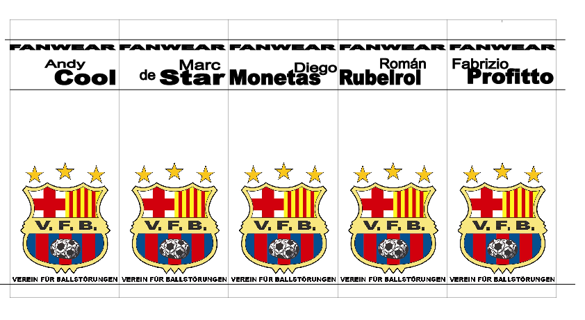 Das Bild zeigt verschiedene Preisschilder des Projekts Fanwear. Oben steht der Name des Produkts, darunter ein dem FC Barcelona angelehntes Wappen. Darunter steht "Verein für Ballstörungen". 