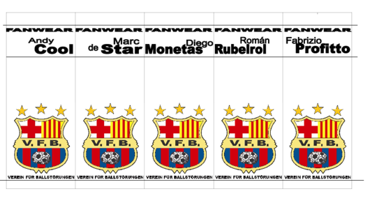Das Bild zeigt verschiedene Preisschilder des Projekts Fanwear. Oben steht der Name des Produkts, darunter ein dem FC Barcelona angelehntes Wappen. Darunter steht "Verein für Ballstörungen". 