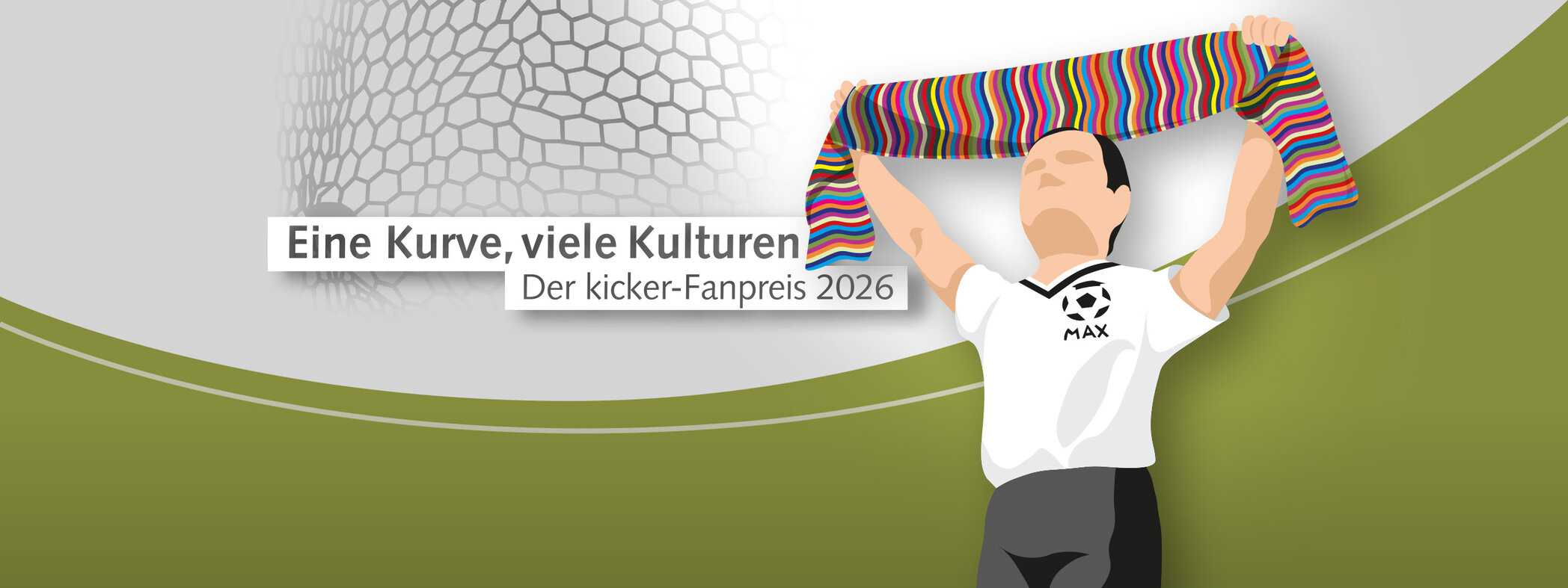 Grafik zum kicker-Fanpreis 2026: die Preistrophäe MAX präsentiert einen Schal in vielen bunten Streifen